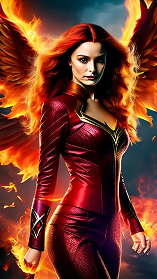 Prompt: High-resolution hyperrealistic photo of the dark phoenix merged with the scarlet witch, scarlet, ruby and gold costume, uhd, hdr, 64k