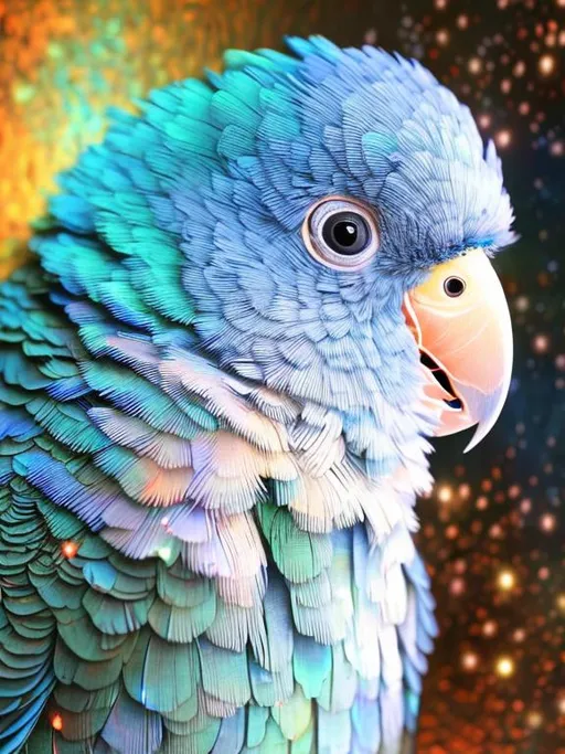 Prompt: A Blue Quaker Parrot that is glowing, realistic, bioluminescent, metallic,  glitter, highres, best quality, concept art