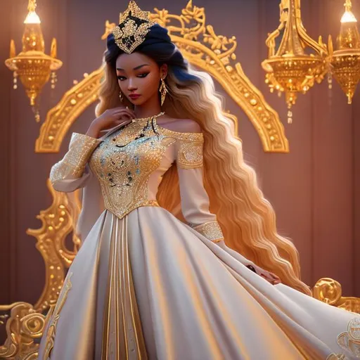 Prompt: Digital art of African American woman, as royalty, in flows dress, full body, anime style, by Choi hye yeon, by Mangle, by POYA, highly detailed, long blond hair, broad nose, smooth skin, perfect, imagine engine rendering 