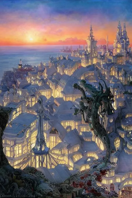 Prompt: A white city by the sea under a starring sky by Daniel f gerhartz, James Jean, Jacek yerka, Wayne Thiebaud, cushart . Wet watercolor . Iridescent touch. Highly detailed. Beautifully lit. 3d