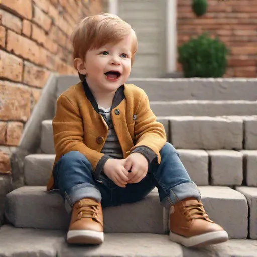 Prompt: (masterpiece, 8K, UHD, photorealistic:1.3), three-year-old boy with pale skin is sitting on brick steps, making a silly face. He is dressed in trendy clothing.