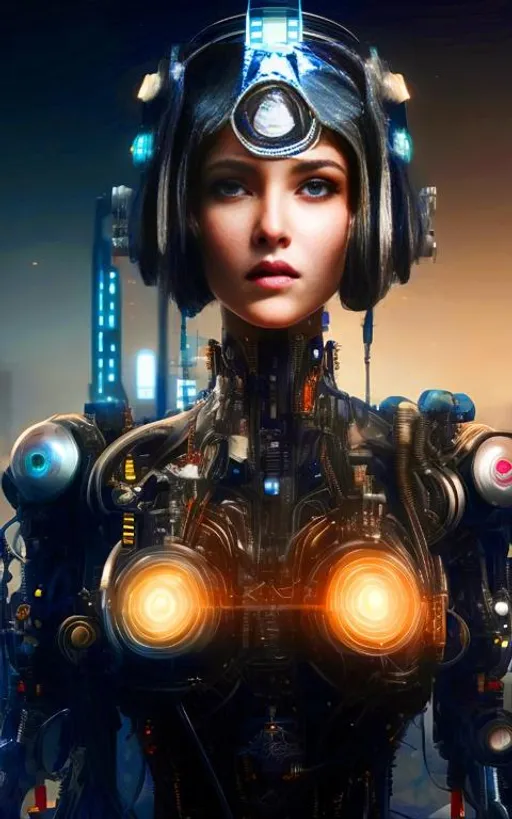 Prompt: Zoomed out full body cyborg| small chest| full-length portrait| detailed face| symmetric| steampunk| cyberpunk| intricate detailed| to scale| hyper-realistic| cinematic lighting| digital art| concept art| mdjrny-v4 style