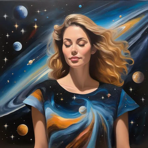Prompt: a woman wearing outer space as a dress, oil painting