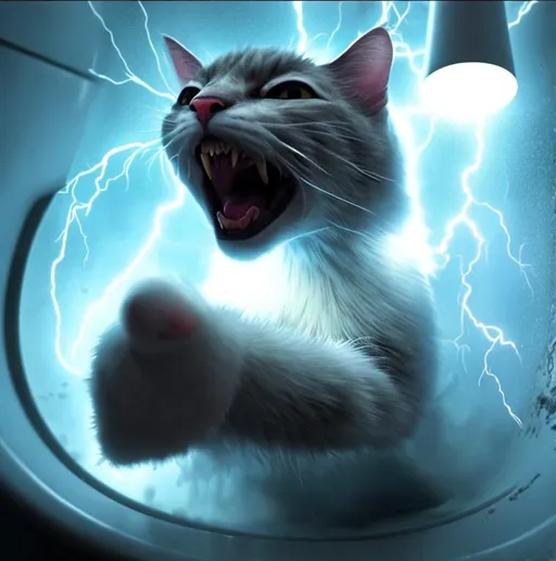 Prompt: Cool lightning cat screeming and getting flushed down the toilet