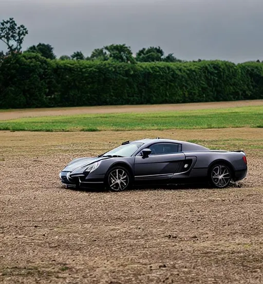 Prompt: abandoned McClaren in field 