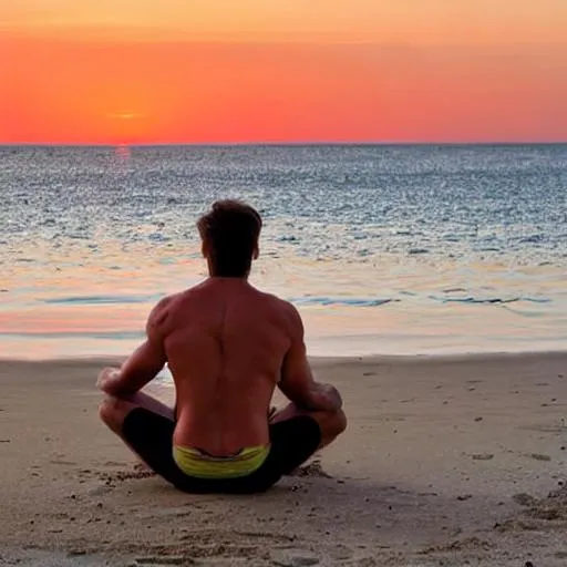 Prompt: man with muscles on beach sitting and watching the vivid sunset



