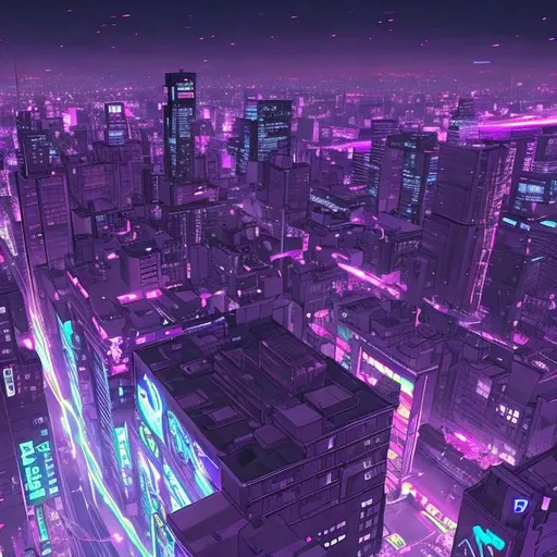 Prompt: eagle eye view of the anime akira at midnight with a little bit of purple, cyan, pink glow in the black city