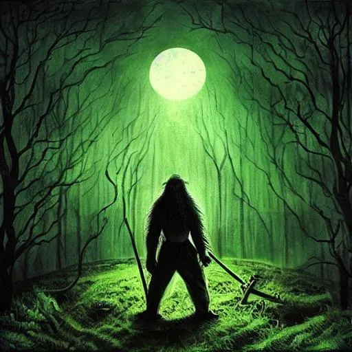 Prompt: a bearded man in a greenishly glowing ominous swamp in the style of korpiklaani album cover art