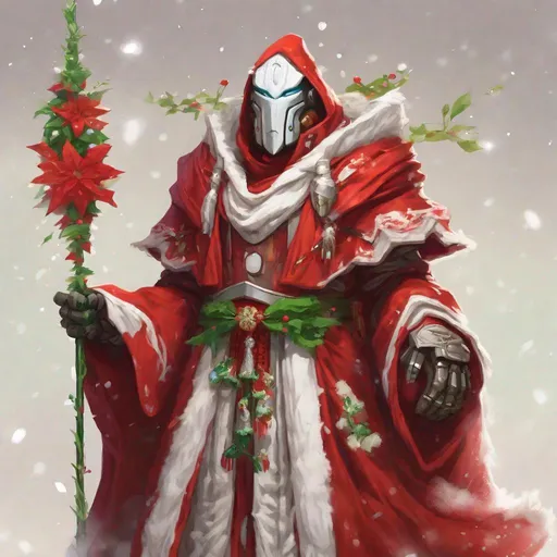 Prompt: Warforged, Wearing Festival Robe, bright red with white fluff and green mistletoe, masterpiece, best quality, in sticker style