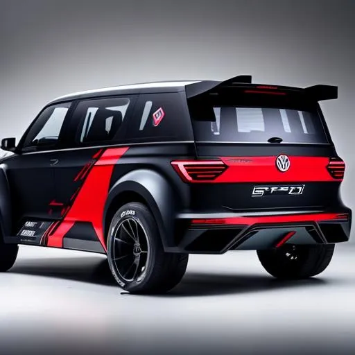 Prompt: Specced out rally version of the vw transporter, with a v12 in the back, with an enormous and complicated tear wing