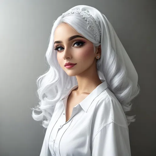 Prompt: Woman wearing white with a hair covering, wearing pretty makeup, facial closeup