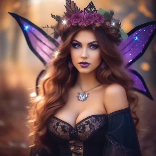 Prompt: Gorgeouse buxom woman in a fairy princess, witch outfit