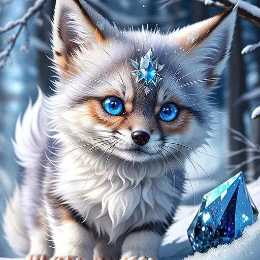 Prompt: (masterpiece, professional oil painting, epic digital art, best quality:1.5), insanely beautiful tiny silver ((fox kit)), (canine quadruped), ice elemental, silky silver-blue fur covered in frost, timid, ((insanely detailed alert crystal blue eyes, sharp focus eyes)), gorgeous 8k eyes, fluffy silver neck ruff covered in frost, two tails, (plump), fluffy chest, enchanted, magical, finely detailed fur, hyper detailed fur, (soft silky insanely detailed fur), presenting magical jewel, moonlight beaming through clouds, lying in frosted meadow, grassy field covered in frost, cool colors, professional, symmetric, golden ratio, unreal engine, depth, volumetric lighting, rich oil medium, (brilliant auroras), (ice storm), full body focus, beautifully detailed background, cinematic, 64K, UHD, intricate detail, high quality, high detail, masterpiece, intricate facial detail, high quality, detailed face, intricate quality, intricate eye detail, highly detailed, high resolution scan, intricate detailed, highly detailed face, very detailed, high resolution