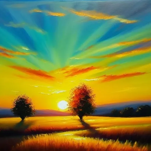 Acrylic Painting of a Sunset Landscape with White Field Flow