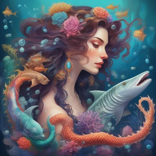 Prompt: A colourful and beautiful Persephone, with brunette hair and her hair being made out of magic and tentacles, with scales on her skin, with a sea-dragon a shark and fish underwater in a painted style surrounded by pearls and corals