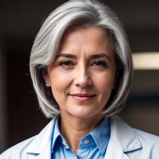 Prompt: Female doctor. Lab coat and blue blouse. Grey hair. Soft features. Mid 50s. Realistic face. Photorealism. 