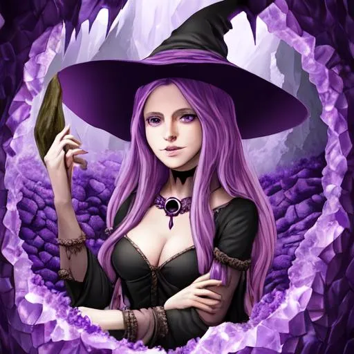 Prompt: A beautiful female witch underground in an amethyst cave 