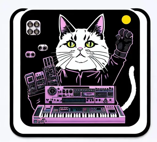 Prompt: cat cyborg punk 80s retro synthpop. A Cat plays a modular synth. Sticker art. white background