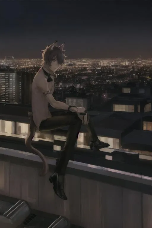 Prompt: A Cat Boy On City Rooftop Woth Beer