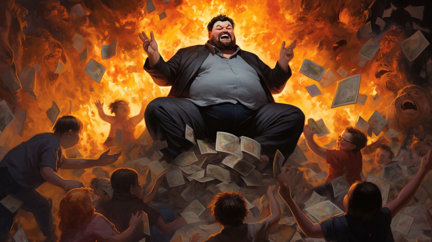 Prompt: an oversized fat man with short black hair and a short black beard, sitting ontop of a pile of money on a platform that is being held up by families and children under it, the world behind him is on fire, everything is sad and gloomy except the large man - he is VERY happy --upbeta --ar 16:9