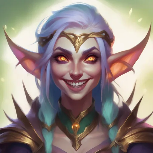 Prompt: d&d eladrin arcane trickster, mad toothy grin, heroic, brightly glowing eyes, badass, magic AF, colorful, chaotic, dangerous, hi res, lucky, femme, gorgeous, long elf ears, unhinged, creepy