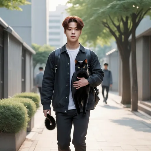 Prompt: park jimin, a young man from seoul south korea  is walking down the sidewalk carrying a black cat, frontal view, 4k realism