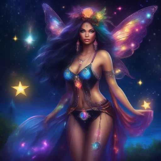 Prompt: A complete body form of a stunningly beautiful, hyper realistic, buxom woman with incredible bright, wearing a colorful, sparkling, dangling, glowing, skimpy, boho, goth,  flowing, sheer, fairy, witch's outfit on a breathtaking night with stars and colors with glowing, detailed sprites flying about