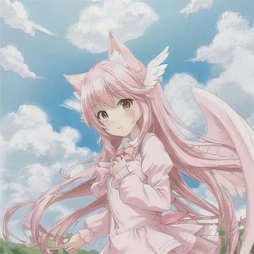 Prompt: Pink and white cat girl with wings in a cloud 