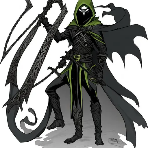 Prompt: Hooded and masked Elf Rogue. He holds a kusarigama and wears an all black gi.