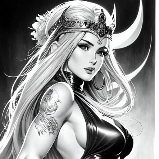 Prompt: full body drawing by J. Scott Campbell and frank frazetta, Attractive greek goddess,  the highest quality masterpiece, centerfold photogrophyt,  line art, photorealistic, ultra detailed, tatoo-style, perfect face, black and white shading, pencil drawing, perfect lips and eyes