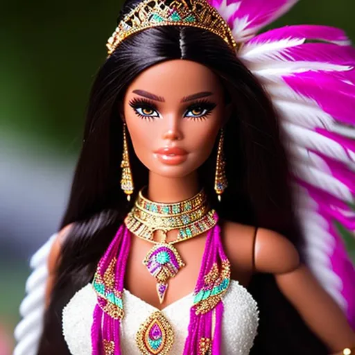 Prompt: Highest quality picture of a very detailed native American  
Barbie princess