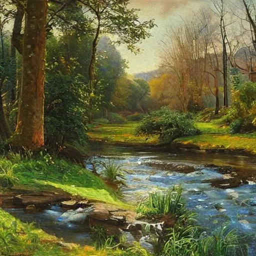 Prompt: A detailed Kentucky landscape with a stream in the style of Peder Mork Monsted