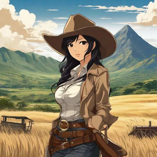 Prompt: anime art, 3/4 body shot, pretty young Indonesian woman, 25 year old, (round face, high cheekbones, almond-shaped brown eyes, small delicate nose), dressed as gunslinger, cowboy, perfect hourglass figure, dynamic pose, background tropical plain with mountains, Japanese manga, Pixiv, Fantia