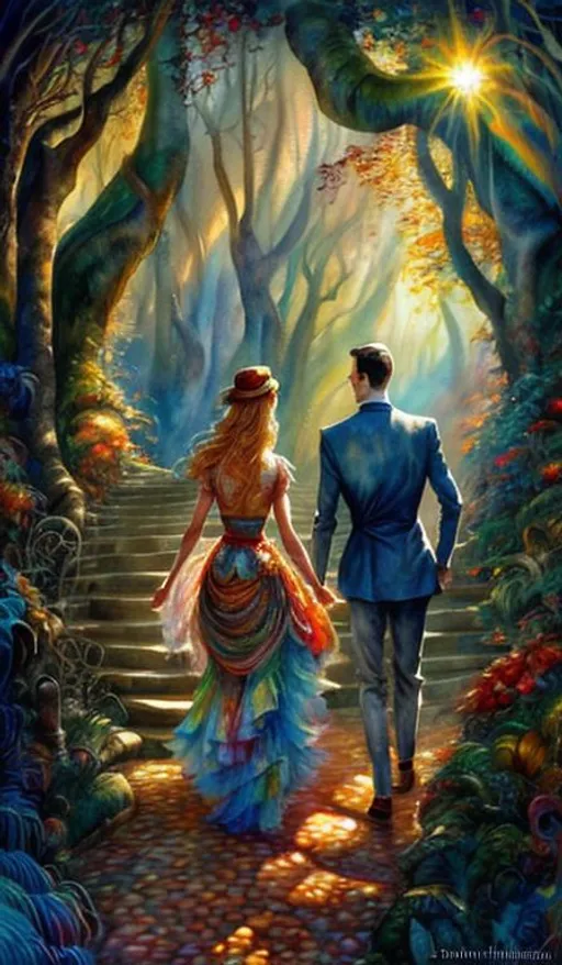 Prompt: watercolor painting, sunlight, path through green forest, a (dapper dressed man and  woman together) walking on path, full color image, watercolor, Josephine Wall style, Daniel Merriam style