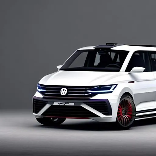 Prompt: Specced out rally version of the vw transporter, with a v12 in the back, with an enormous and complicated tear wing