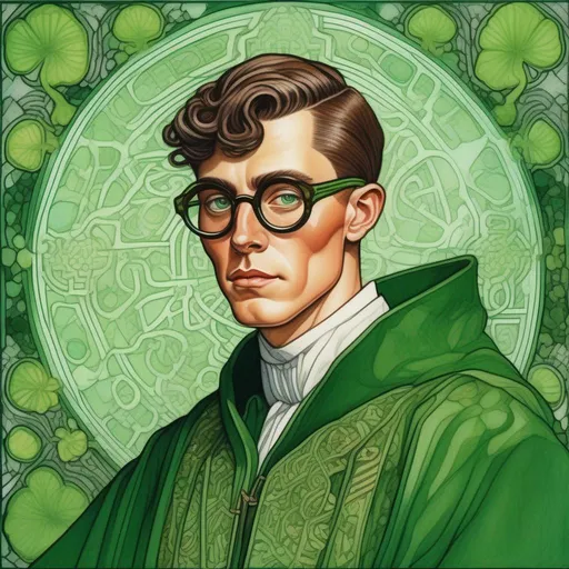 Prompt: portrait of a freckled beautiful handsome brown haired man with green shamrocks, very short slicked back pompadour undercut with shaved sides and chestnut wisps, wearing wizard robes and round glasses, green shades with emerald lenses, intricate, sharp focus, in the style of Ivan Bilibin, Ernst Haeckel, Daniel Merriam, watercolor and ink