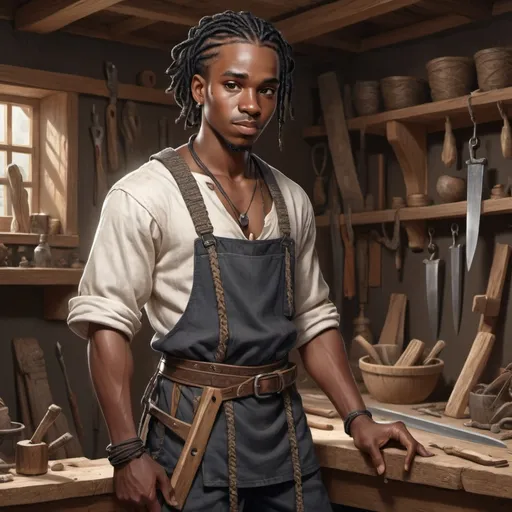 Prompt: Full body, Fantasy illustration of a male black carpenter, 24 years old, black skin, short braids, carpenters garment, secretive expression, high quality, rpg-fantasy, detailed, in a african-style workshop