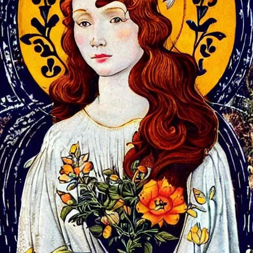 Prompt: auburn haired woman golden dress planting flowers with blackbirds black bird botticelli art nouveau medieval