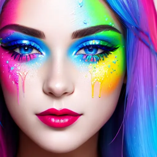 face dripping paint in rainbow colors, blue eyes, y...