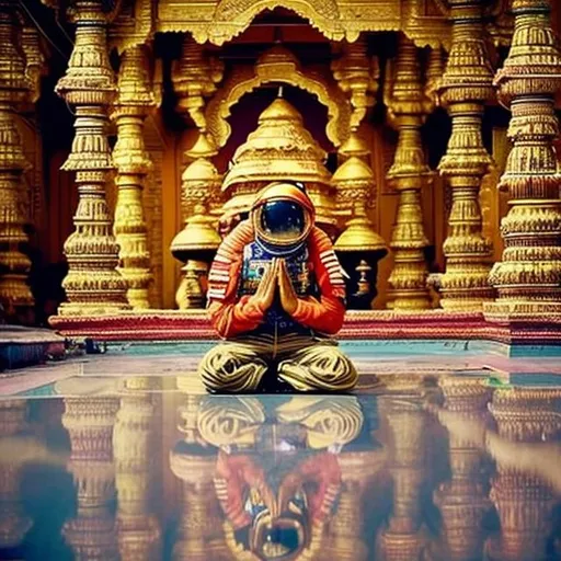 Prompt: an astronaut praying in an indian temple with aliens around him
