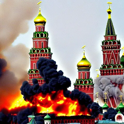 Prompt: Draw the buildings of Moscow Kremlin in the fire after enemy airstrike.