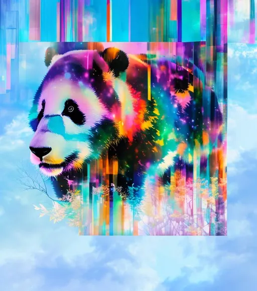 Prompt: Double exposure photography, composed of two combined and overlaid images, portrait of colorful panda bear in the style of tye dye ,tree skyline, forest scape, profile, transparent, layered, close-up, side-view, intricate detail, fine art, stunning, high contrast, silhouette, blend, beautiful lighting, cool colorful, paintography, photorealistic
