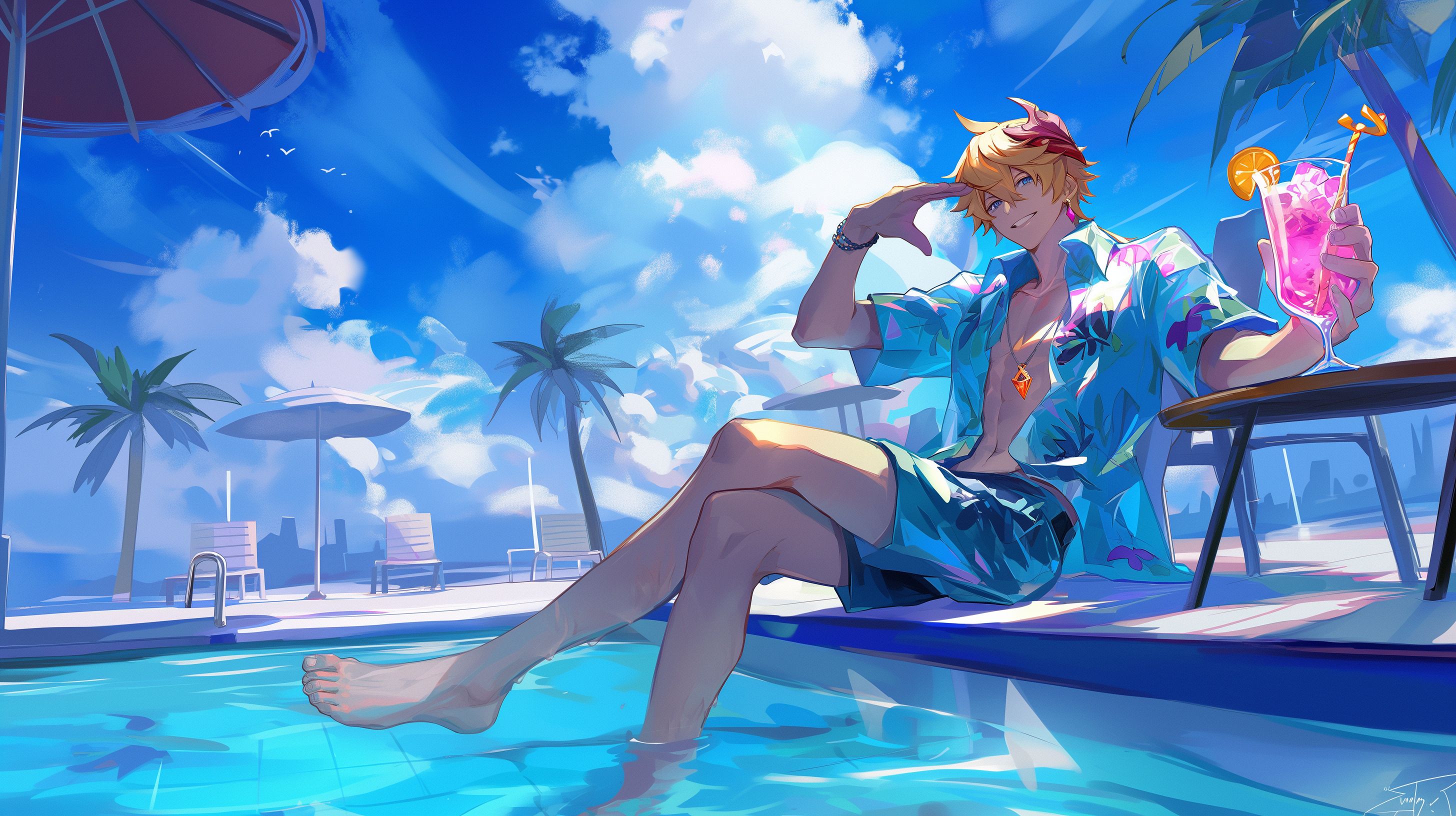 Prompt: Tartaglia from Genshin Impact, Sitting at the side of a pool danging his feet in holding a pink tropical drink saluting the viewer, wearing pool shorts and a loose shirt, tropical island, quality digital painting with multiple bright summer colors, tropical palm trees, warm sun and clouds, --ar 16:9 --niji 6