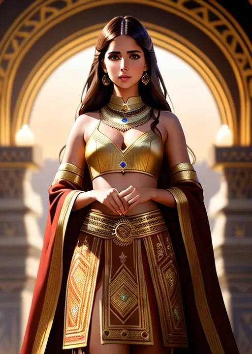 Prompt: portrait of Brown Hair Beautiful naomi scott with Air Magic, parted bangs, Elegant, Romantic, wearing tribal cueitl outfit, HDR, full body, High Definition, cinematic,  royal setting , dynamic light, tan skin, hyperrealism, definition, glowing eyes, facial symmetry  by Ilya Kuvshinov starry,
