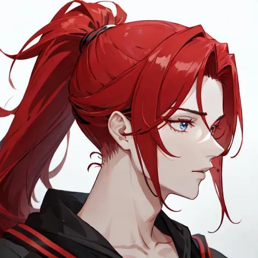 Prompt: Zerif 1male (Red side-swept hair covering his right eye) pulling his hair back into a ponytail, side profile, 8k, UHD, highly detailed, insane detail