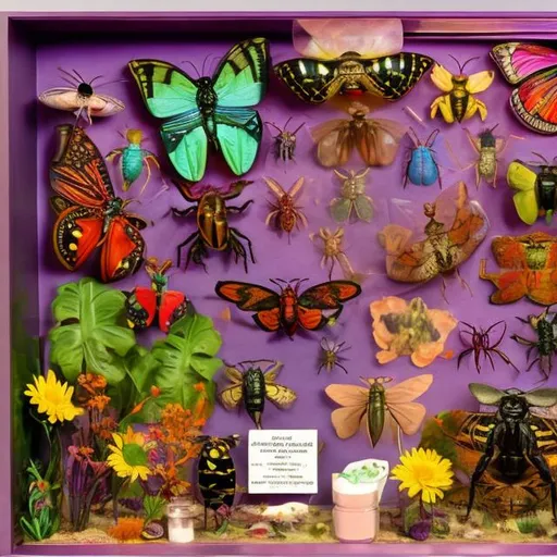 Prompt: Entomological specimens diorama in the style of Lisa frank 