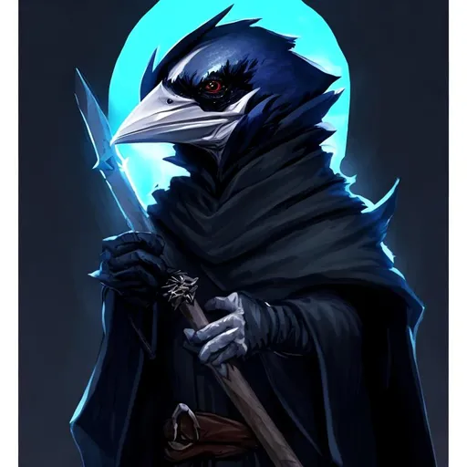 Prompt: Dnd magpie person with a scar on their top beak wearing a black cloak and holding a quarterstaff