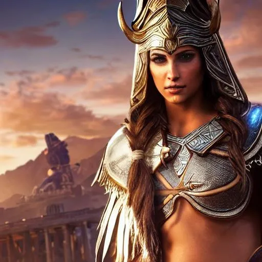 Prompt:  an attractive pregnant Naomi Scott from Assassin's Creed Odyssey toned warrior dressed wearing white dragoon artifact gear, white demon end boss helmet, determined, fierce, hero, dirty, cloak, dramatic, Brown hair and Ultra realistic eyes, realistic tan complexion , beautiful body, muscular body, fantasy character portrait, ultra realistic, concept art, intricate details, studio lighting, symmetrical, ideal human, ultra details, super detailed, 64k, detailed body, full body, looking into the camera smooth, sharp, focus; illustration, golden ratio. By Ilya Kuvshinov 