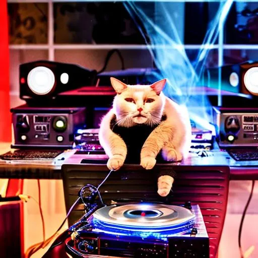 Prompt: deejay with cat head, turntables, party, strobe lights


