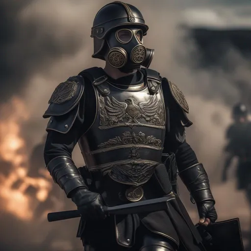 Prompt: A modern roman military male in black military roman armor and shield scutum, and gas mask, background war battle, Hyperrealistic, sharp focus, Professional, UHD, HDR, 8K, Render, electronic, dramatic, vivid, pressure, stress, nervous vibe, loud, tension, traumatic, dark, cataclysmic, violent, fighting, Epic